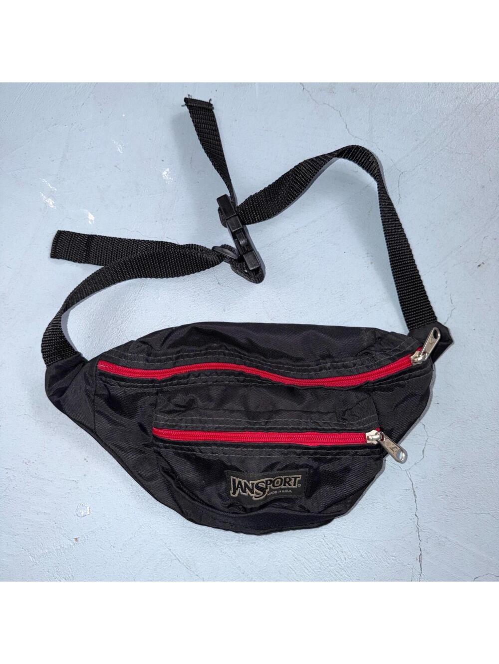 Vintage Jansport Fanny Pack Made In USA Black Bag Adjustable Waist Red Piping